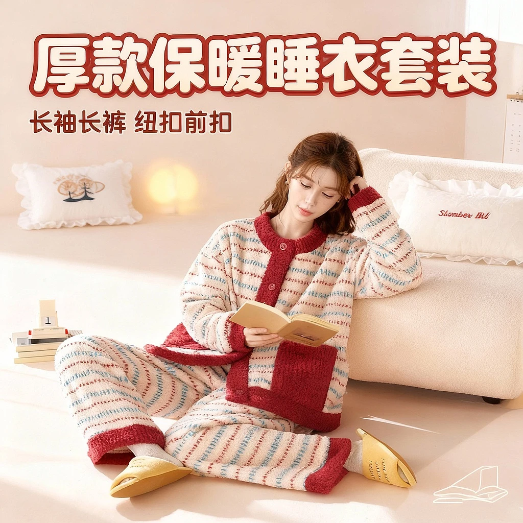 【莎粒绒系列】新款可外穿家居服女保暖睡衣套装秋冬暖绒加厚保暖