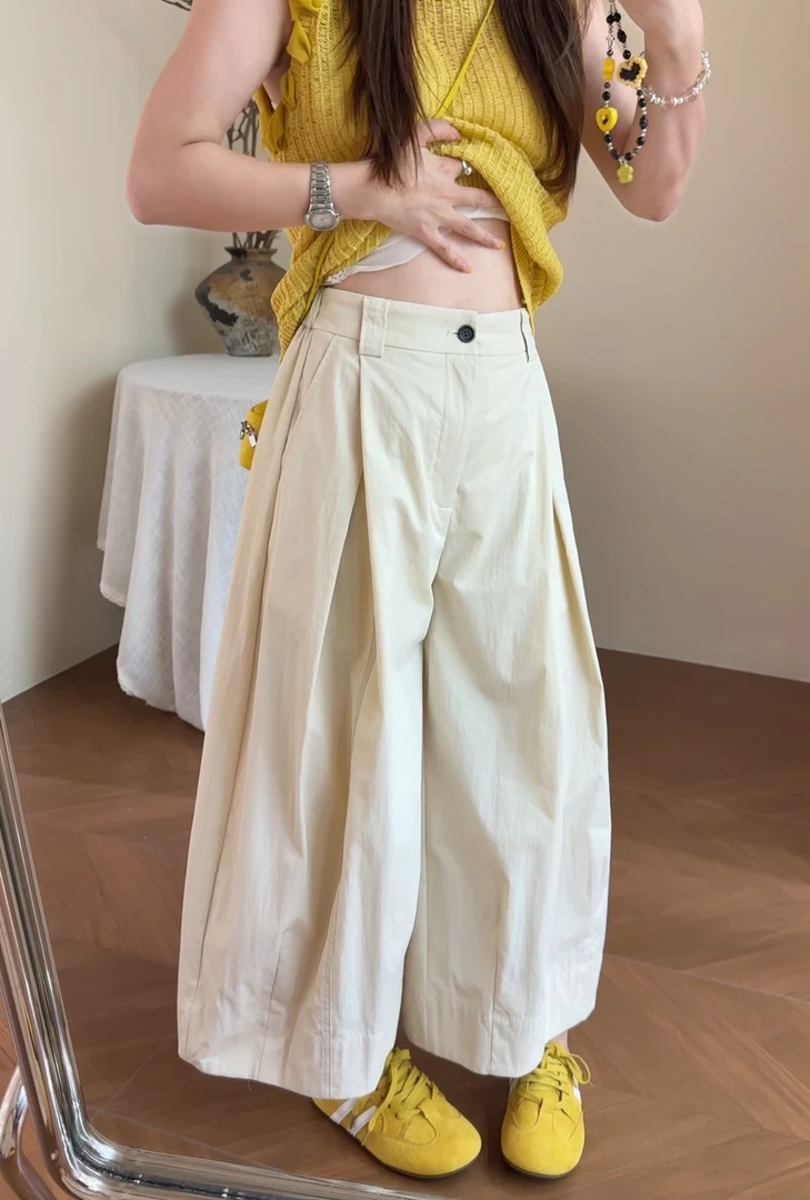 【BayaLi】2025夏季新品米杏色版松紧腰九分月亮裤