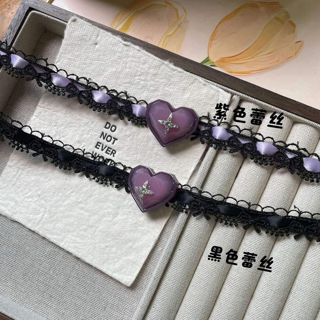 非金属布艺项链 2486纯欲紫色爱心蕾丝颈链棉麻复古女高级锁骨链