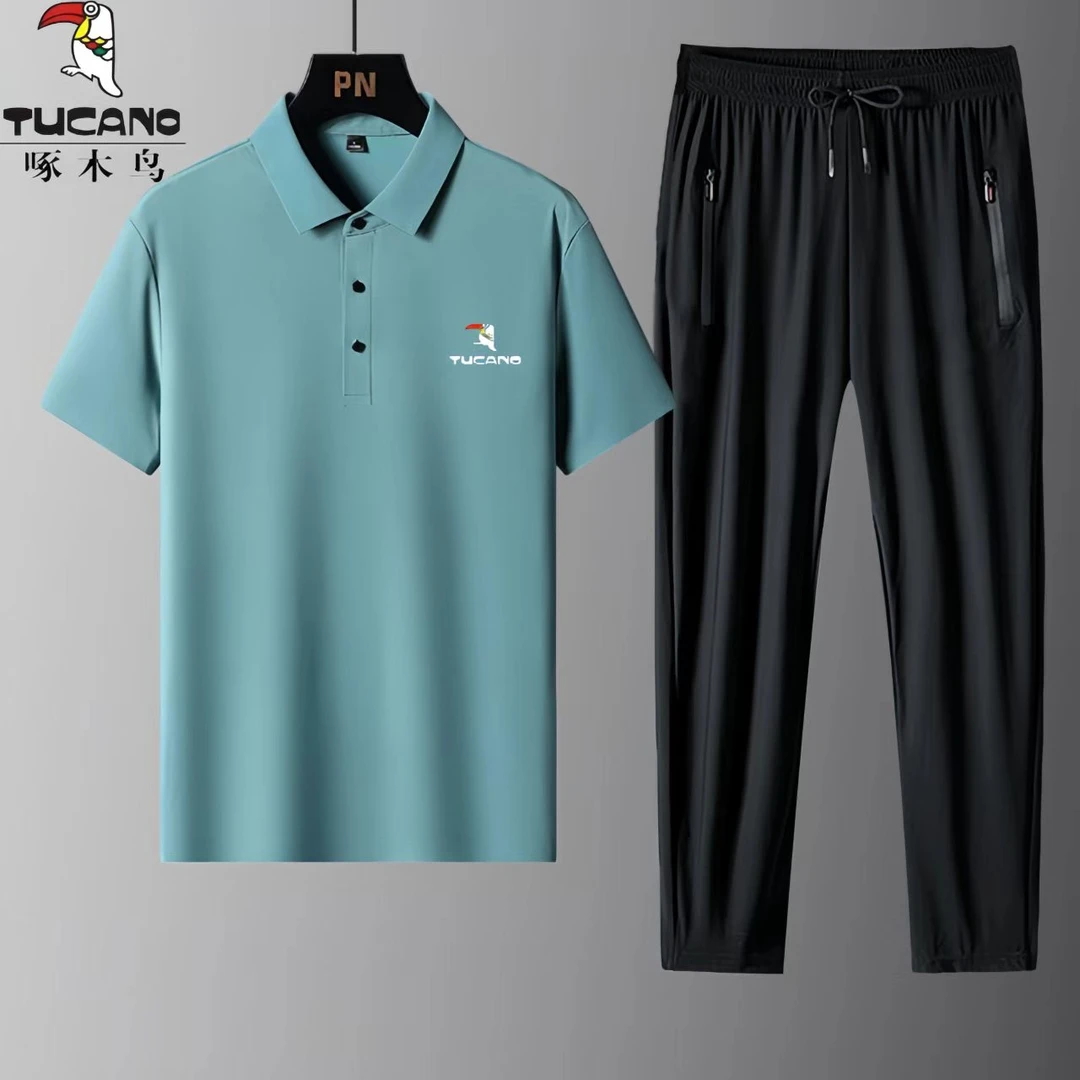 啄木鸟男士中老年休闲短袖POLO衫男爸爸装冰丝裤两件套父亲节礼物