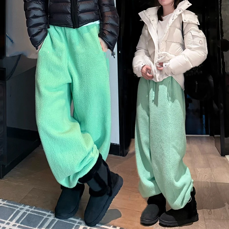 高级感洋气彩色摇粒绒阔腿裤女冬季加绒裤子保暖两穿束脚休闲裤子