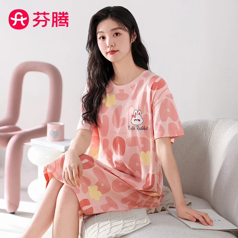 芬腾100%纯棉睡裙女夏薄款宽松套头卡通短袖短裙家居服FX25920456