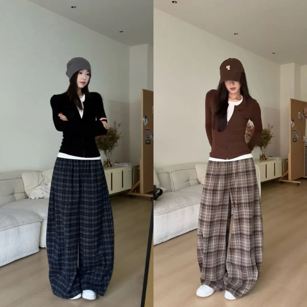 韩系慵懒风格纹宽松阔腿显瘦弯刀裤休闲裤女款爆款冬季穿搭新款
