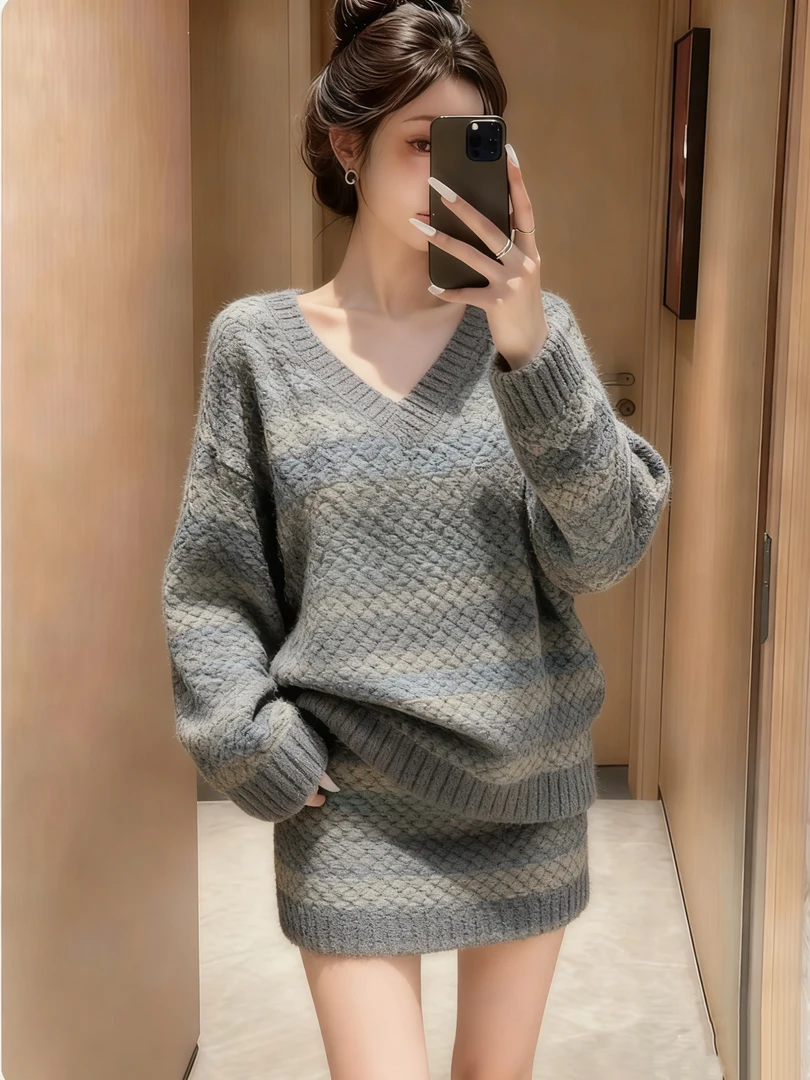 复古港风宽松慵懒风时尚套装灰色V领长袖毛衫休闲风百搭包臀裙