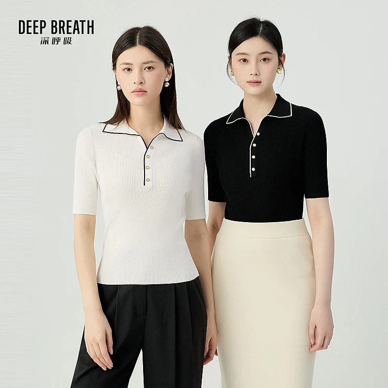 DEEP BREATH深呼吸新款中袖套头翻领竖坑条拼色毛针织衫A301170