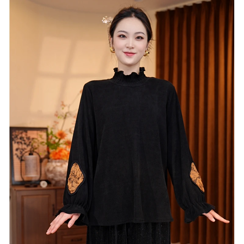 193/修身型高领国风长袖常规款宽松型黑色T恤