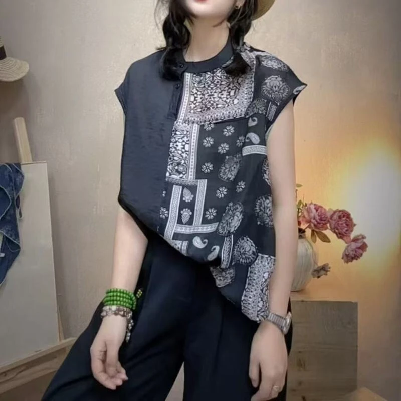 小众设计宽松拼接立领衬衫女夏季新款百搭无袖背心上衣