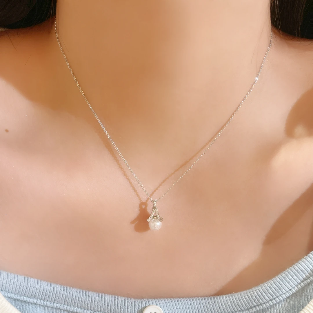 铜项链 韩版气质时尚简约镶钻V字母珍珠吊坠项链轻奢百搭锁骨链