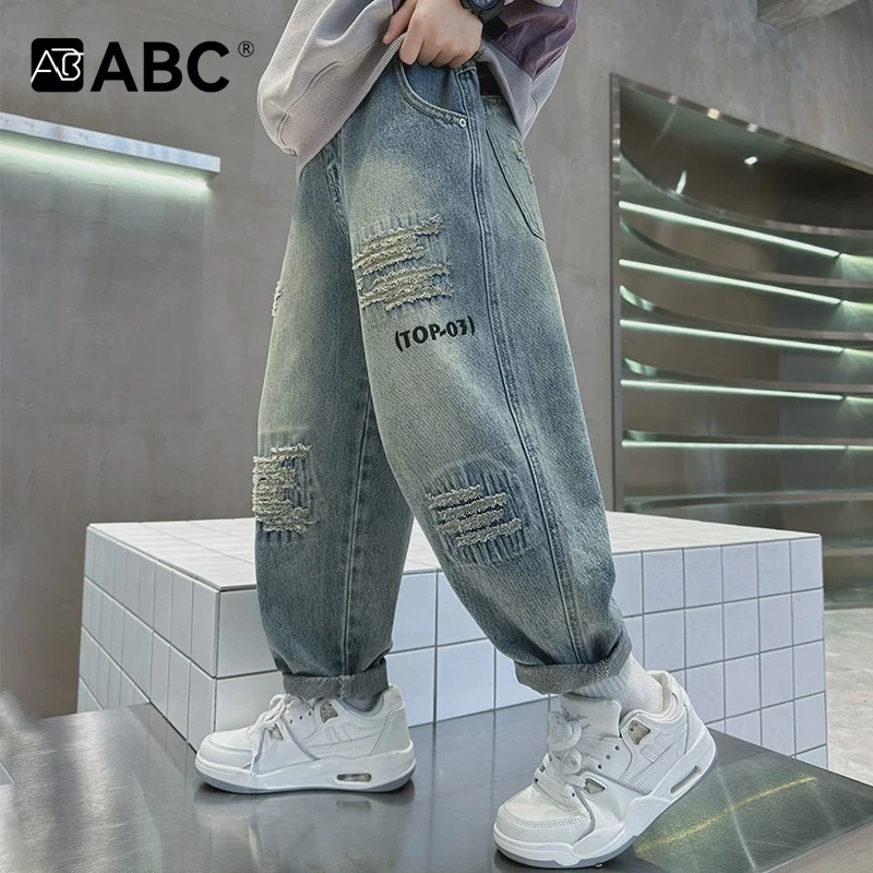 ABC儿童装男童牛仔裤春秋款2025新款薄款炸街痞帅气春夏季秋装裤
