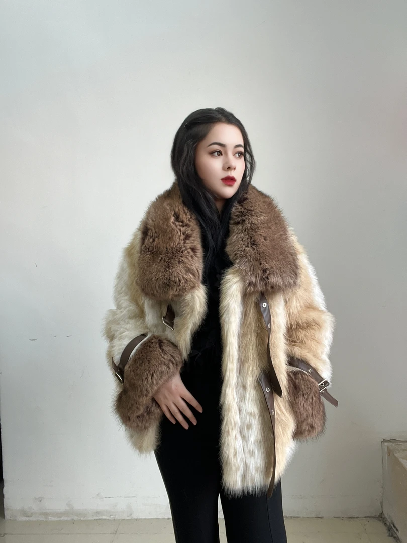 【咖色翻领拼接短款】高贵奢华欧貂皮草