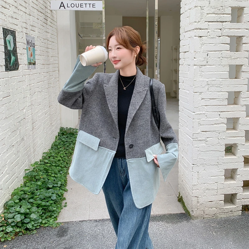 双面呢牛仔拼接西装式毛呢外套2025冬季新款高智感韩系ins风西服