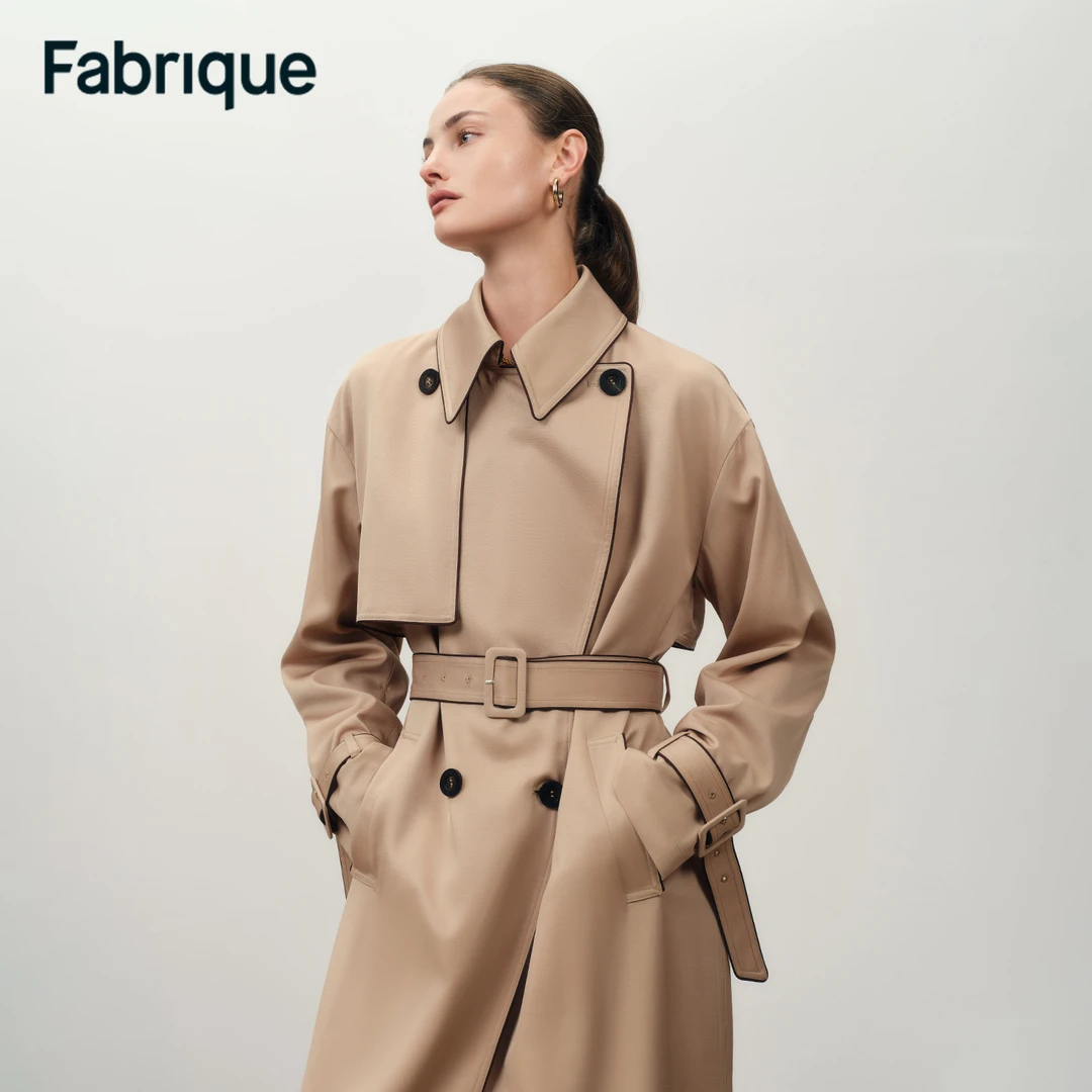 Fabrique【张俪同款】暖沙色醋酸绵羊毛撞色镶边外套配腰带长款风衣