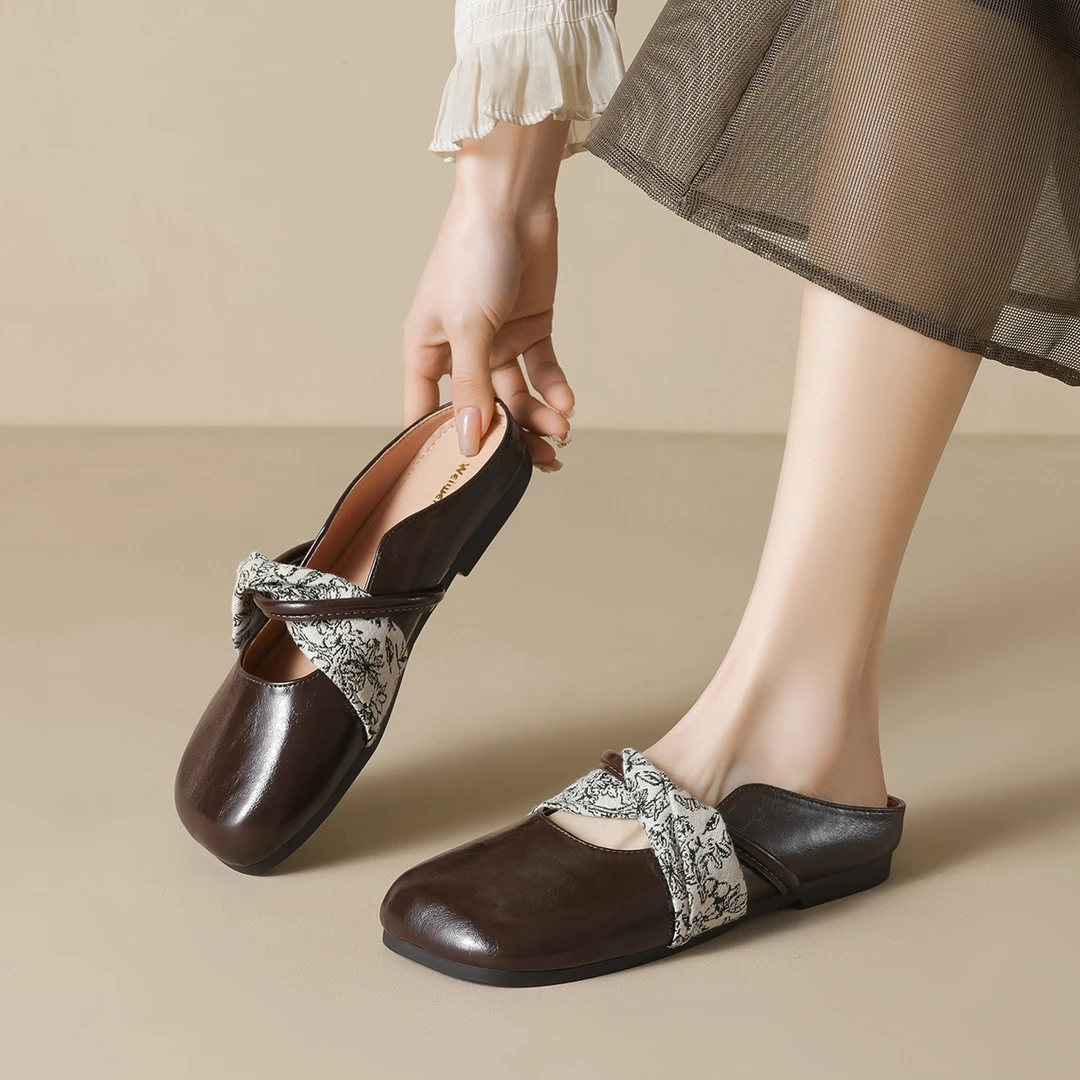 2025春夏新款法式软底包头半拖鞋女外穿丝带一脚蹬大码女鞋41到43