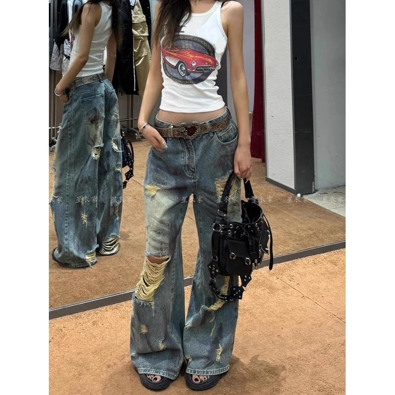 美式高街破洞牛仔裤子女2025夏设计感复古宽松bf慵懒风阔腿长裤