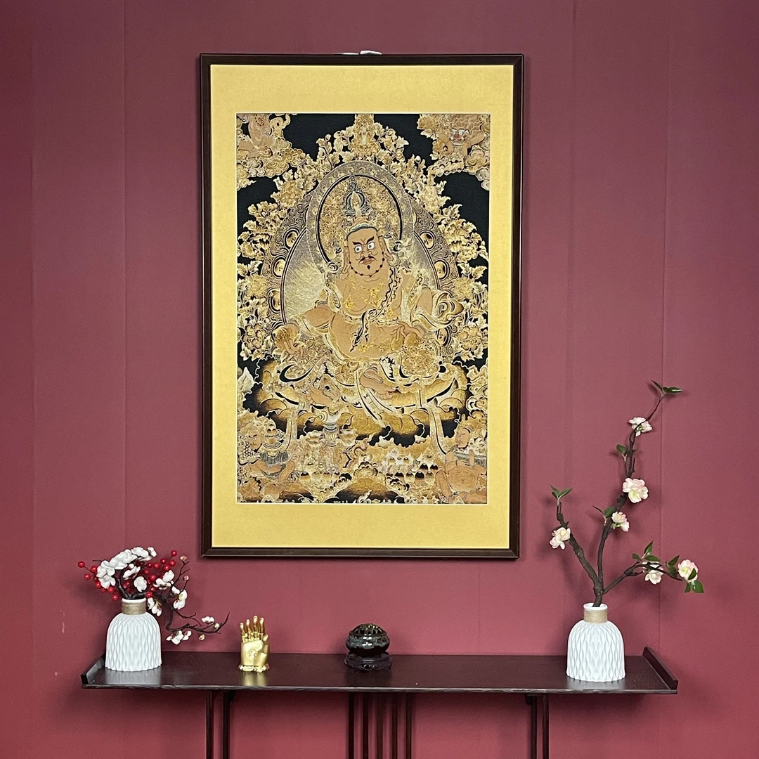 刺绣材质【黑底黄财神】唐卡整版刺绣实木边框办公室客厅书房茶室等