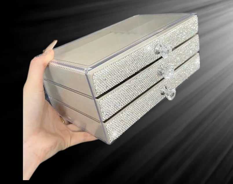 轻奢镶钻感绒布饰品盒耳夹耳环项链收纳盒多层耳饰发饰首饰盒