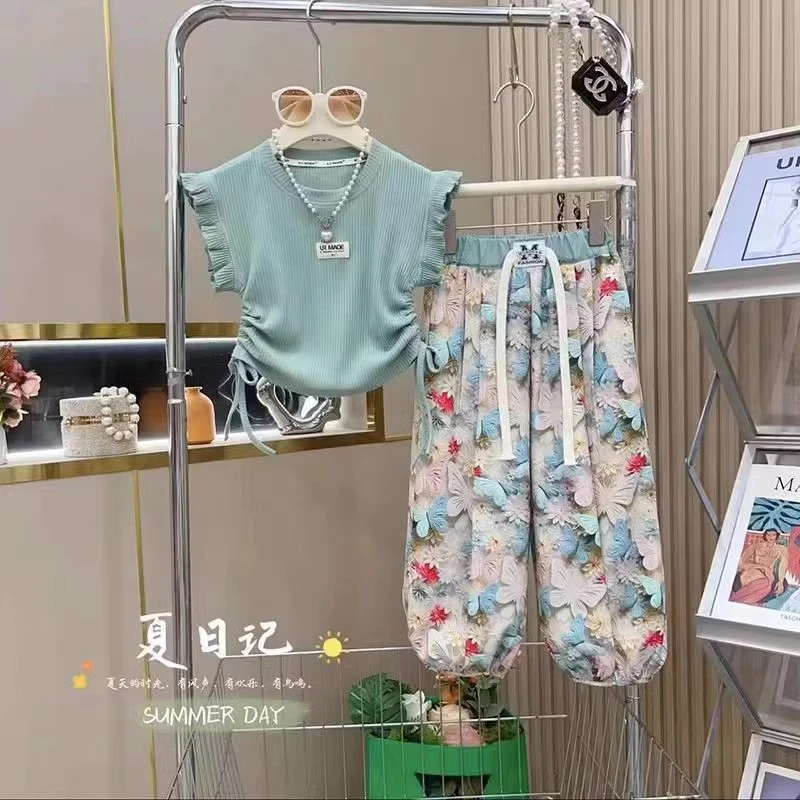 欧若风女童夏季套装2025中大童新款儿童洋气T恤防蚊裤两件套夏装