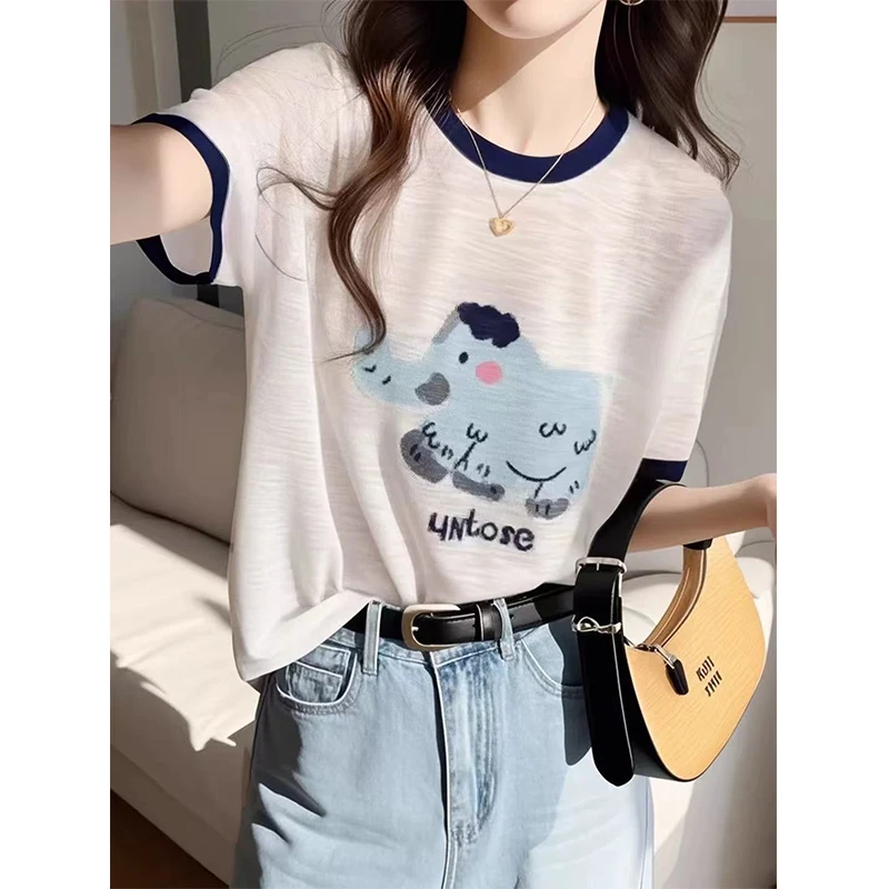 【撞色大象T】夏季设计感薄款针织短袖t恤女