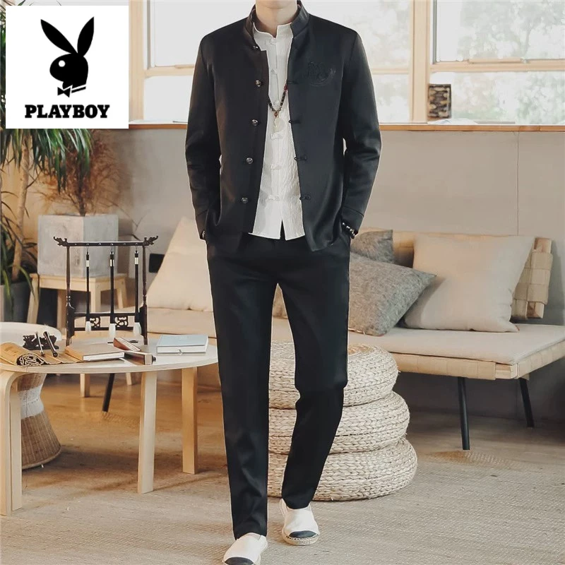 花花公子休闲套装男士长袖2025年春季款唐装中国风中山装
