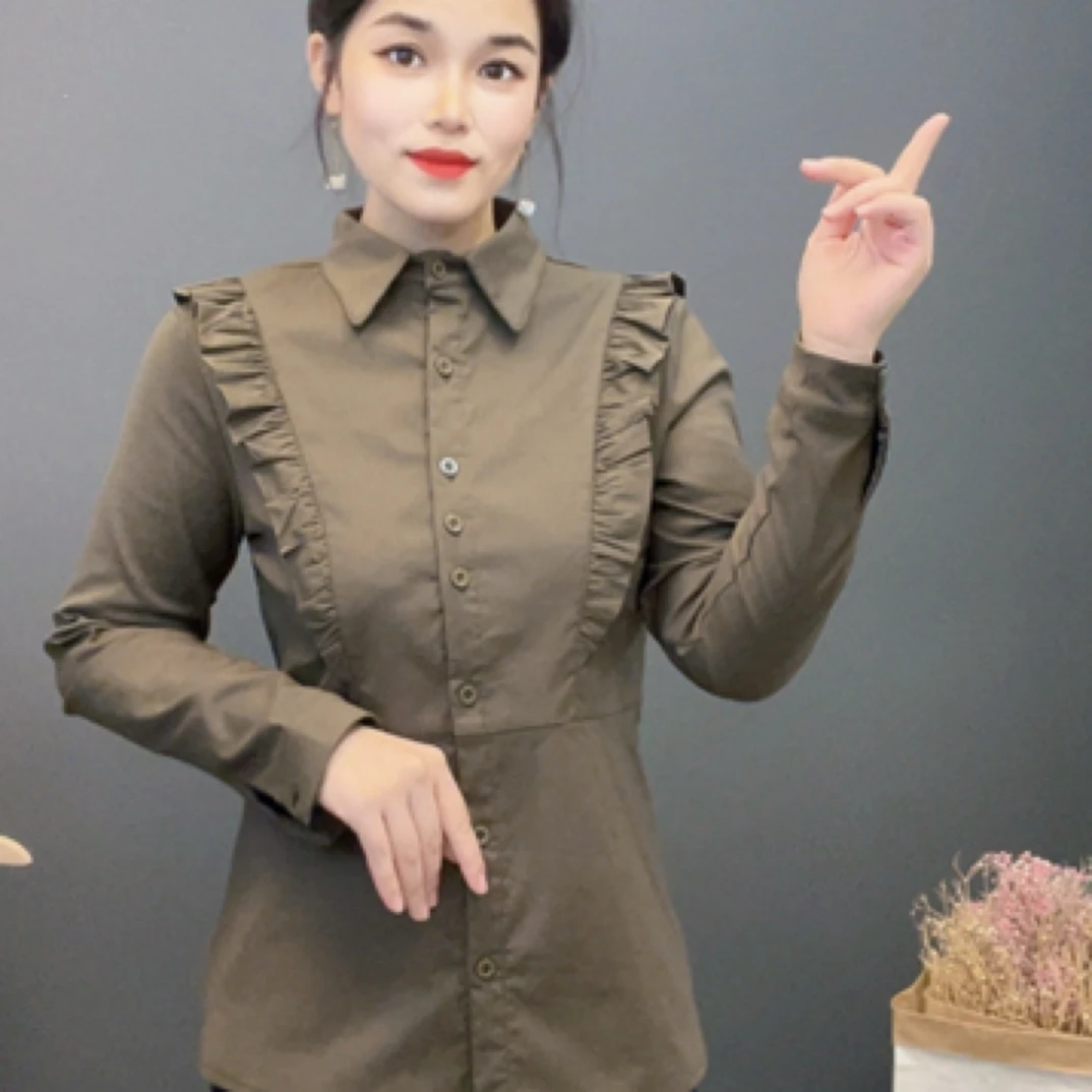 长袖衬衫女木耳边修身显瘦上衣荷叶边气质减龄加厚衬衣加绒保暖