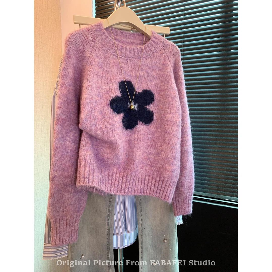 慵懒风提花毛衣女2025秋冬款套头刺绣软糯针织上衣松弛感针织衫