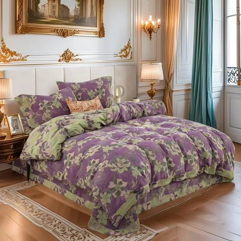 2025春季轻者复古透气双面加厚双层纱印花四件套--【风华绝代紫】