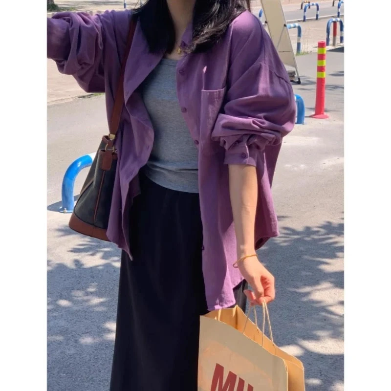 韩系风格穿搭紫色纯棉长袖衬衫女春秋设计感宽松休闲气质衬衣外套