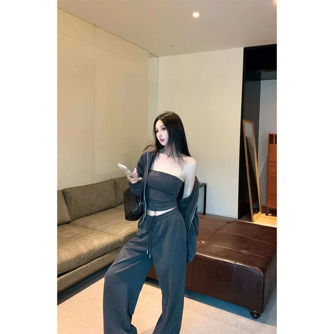 美式气质辣妹抹胸慵懒宽松卫衣开衫外套套装#8246