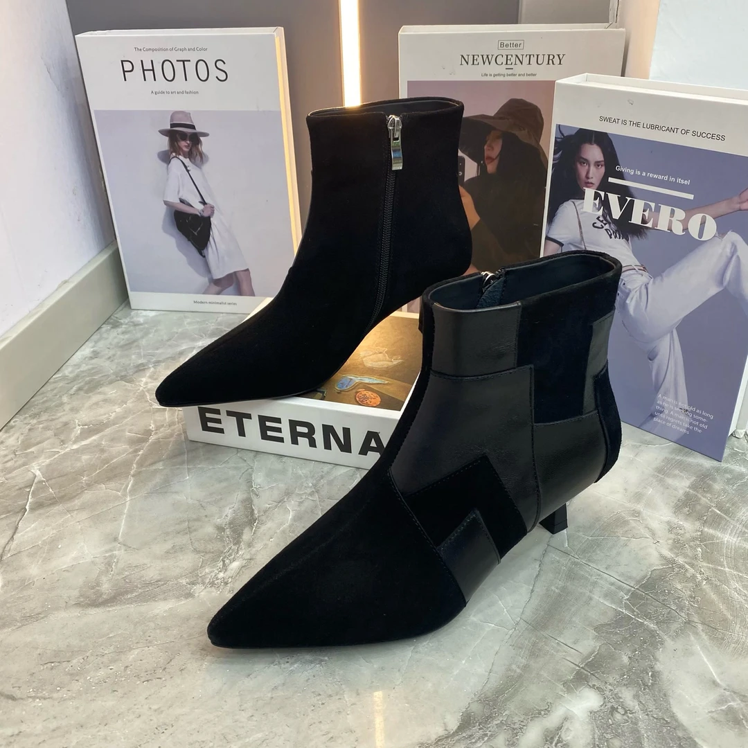 玟-4厘米跟羊京皮加棉女靴纯皮女棉靴