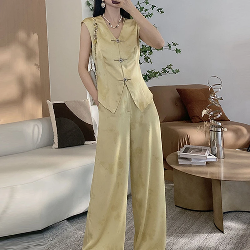 2025夏季时尚套装新款无袖国风休闲V领上衣宽松垂感阔腿裤两件套
