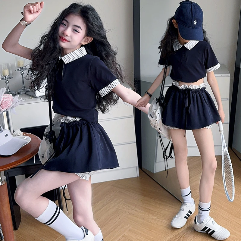 女童夏季潮酷POLO衫套装2025新款网红洋气运动学院风时髦裙裤套装