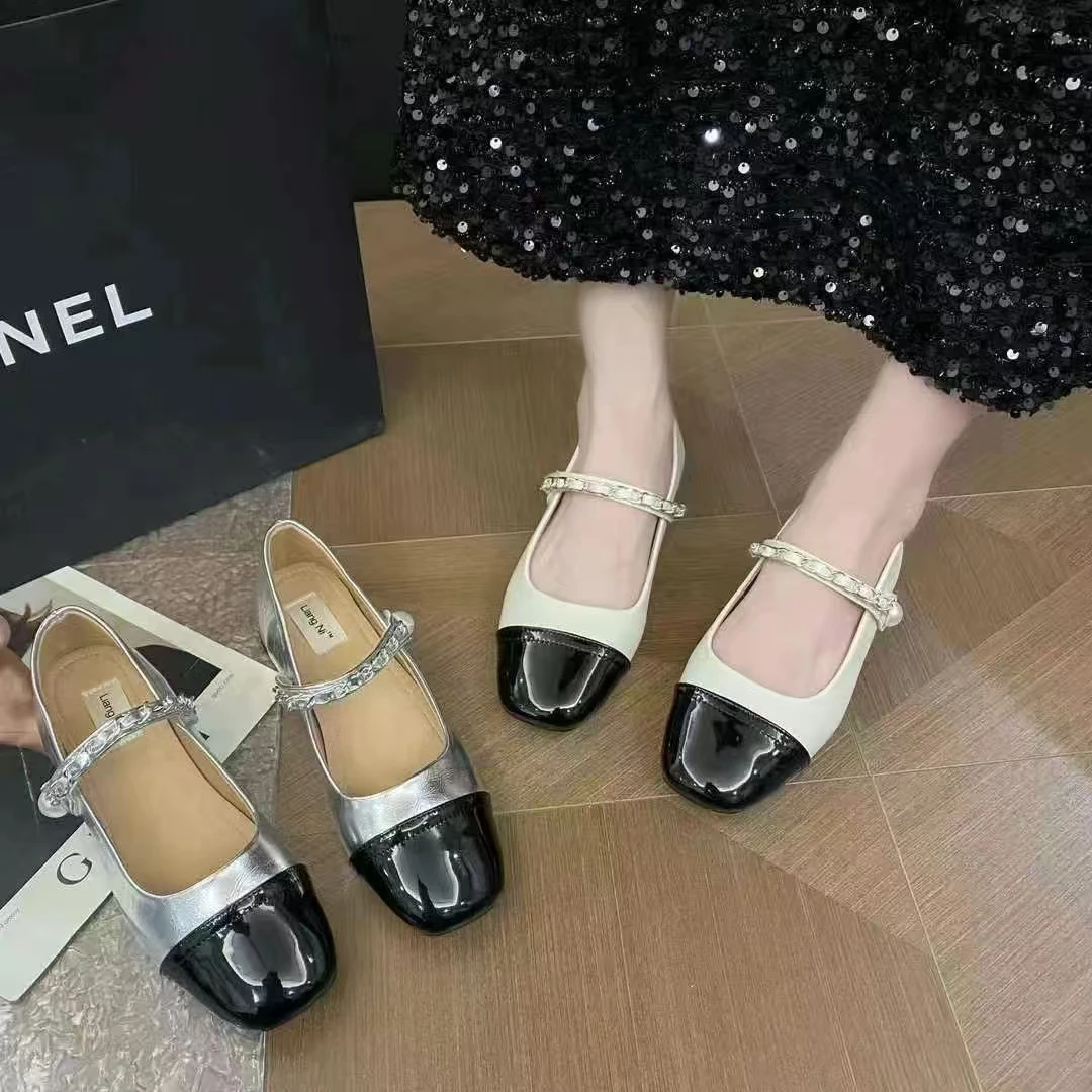 皮鞋拼色方跟方头单鞋法式甜美漆皮胶粘粗跟玛丽珍鞋Z622