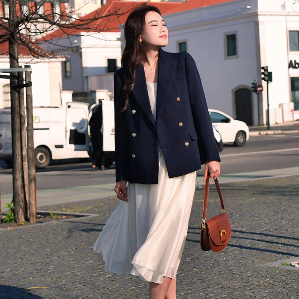 ERINA姨太太原创微胖 春季复古摩登西装通勤知性外套中长款双排扣