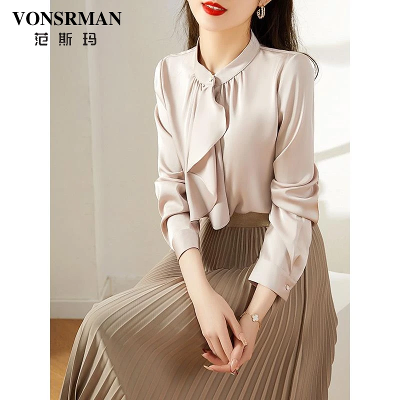 法式宫廷风衬衫女夏季新款不规则飘带领职业通勤缎面衬衣气质上衣