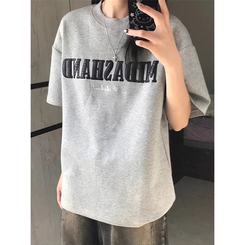 美式高街灰色字母刺绣短袖男款夏季高级感重磅t恤痞帅情侣半截袖