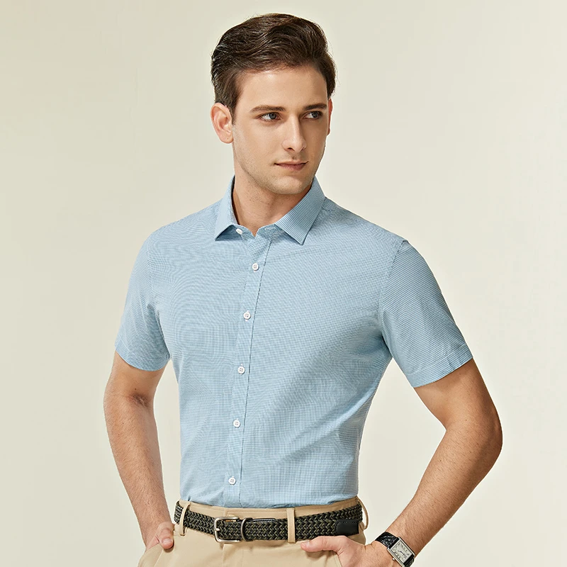 千鸟格微弹温莎领男士短袖衬衫夏季新款休闲格子百搭潮流棉质衬衣