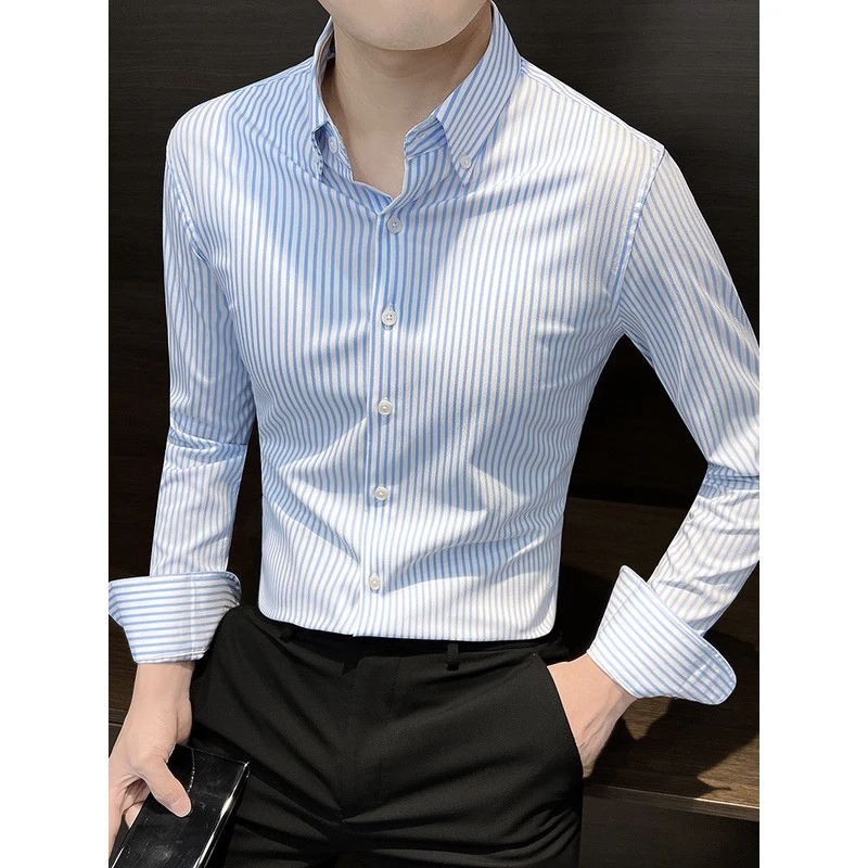 条纹男士长袖衬衫2025新款痞帅高级感商务休闲秋季衬衣人夫感穿搭