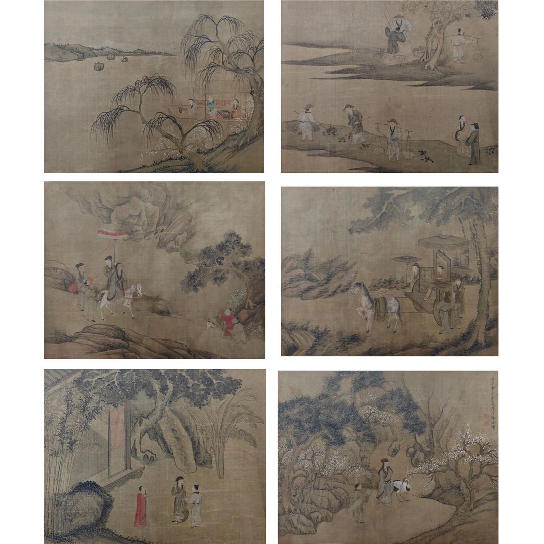 郭岱 1834年作 人物故事 绢本册页六开 29×36cm约1平尺×6；