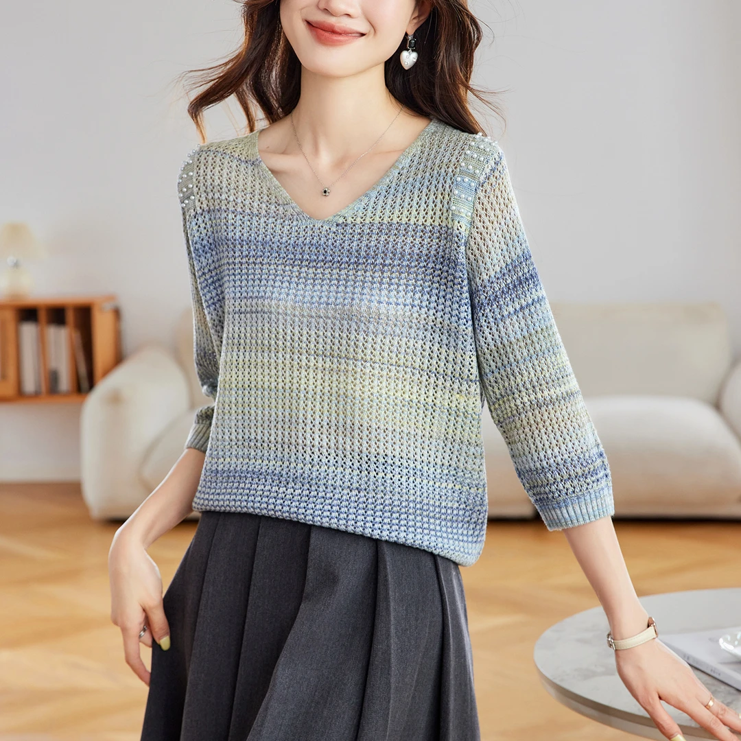 时尚钉珠宽松外穿毛衣女春秋短款洋气镂空针织衫2025七分袖打底衫