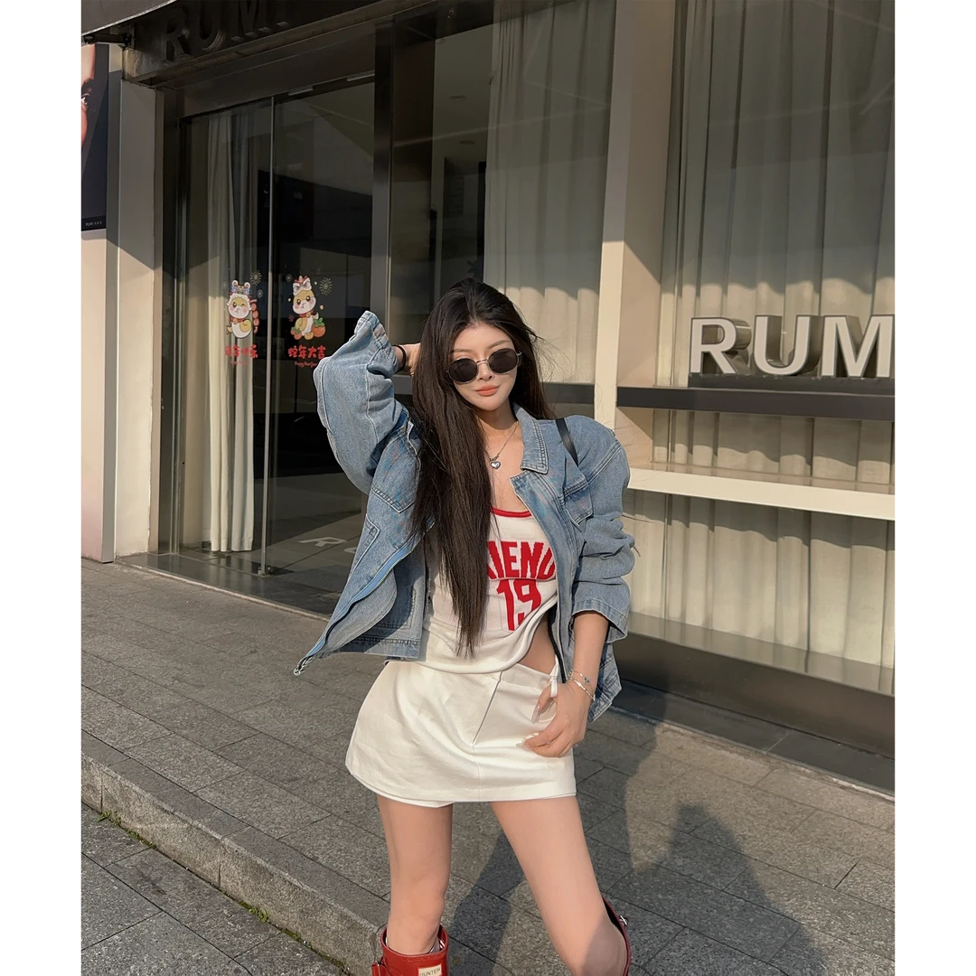 21DEGREES【春日多巴胺】口袋牛仔外套毛织红字母背心牛仔中腰裙裤