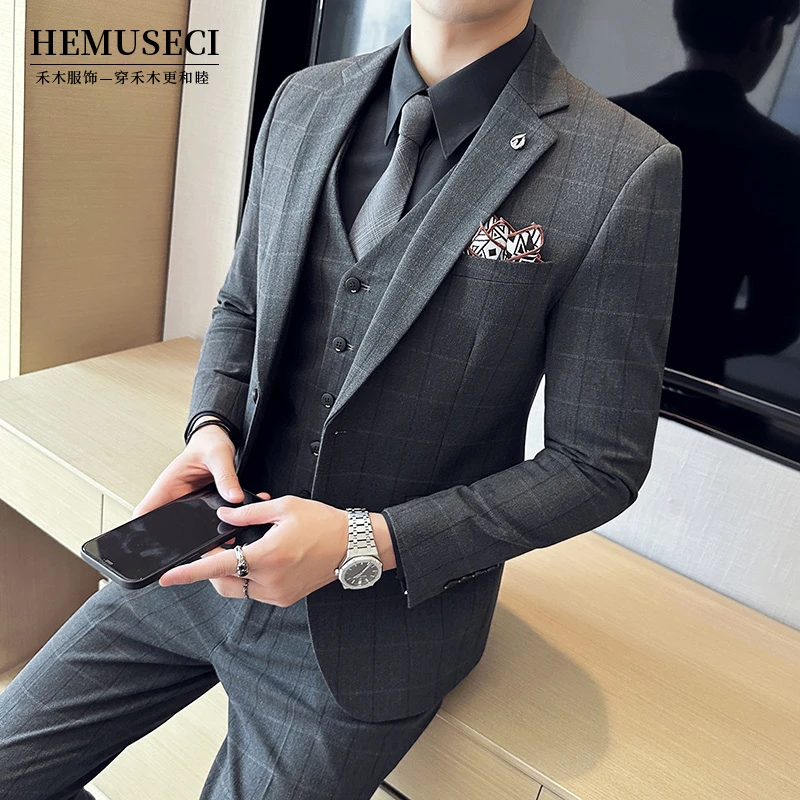 高端西服套装提花格子韩版正装帅气男士潮流婚礼西装礼服英伦修身