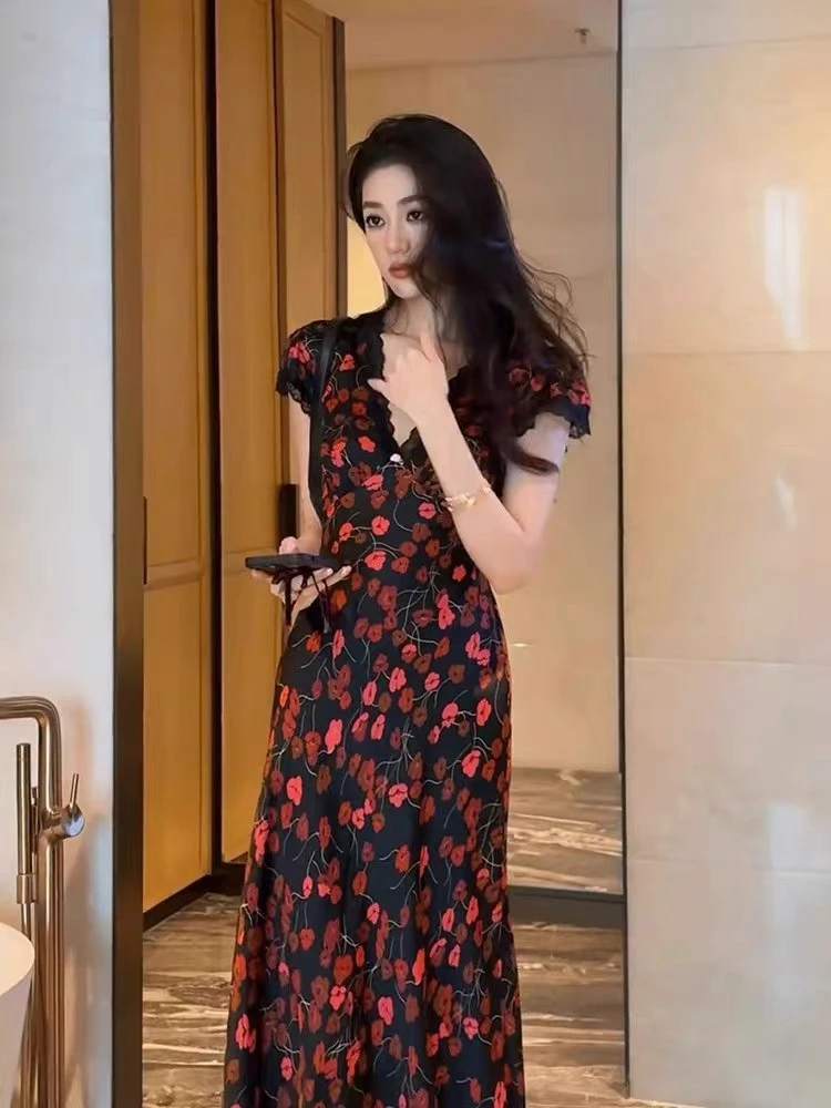 法式收腰桑蚕丝红碎花连衣裙气质时尚