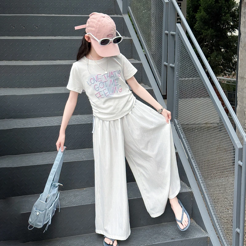 女童夏季薄款套装2025新款洋气休闲短袖T恤时尚阔腿裤两件套夏装