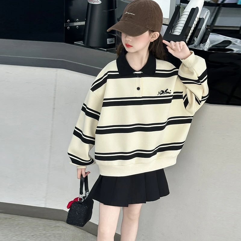 女童秋装卫衣2025新款中大童洋气polo衫女孩学院风条纹上衣服春秋