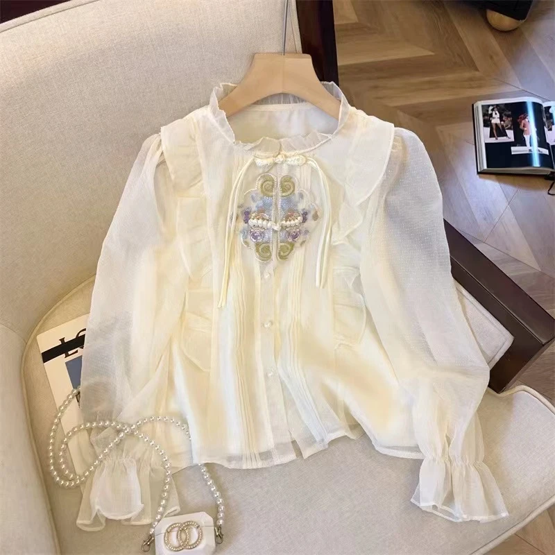 国风衬衫女夏季新款显瘦百搭刺绣圆领法式小众设计感开衫上衣6672