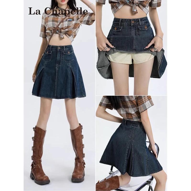 拉夏贝尔复古防走光牛仔短裙女夏季2025新款高腰显瘦小个子百褶裙