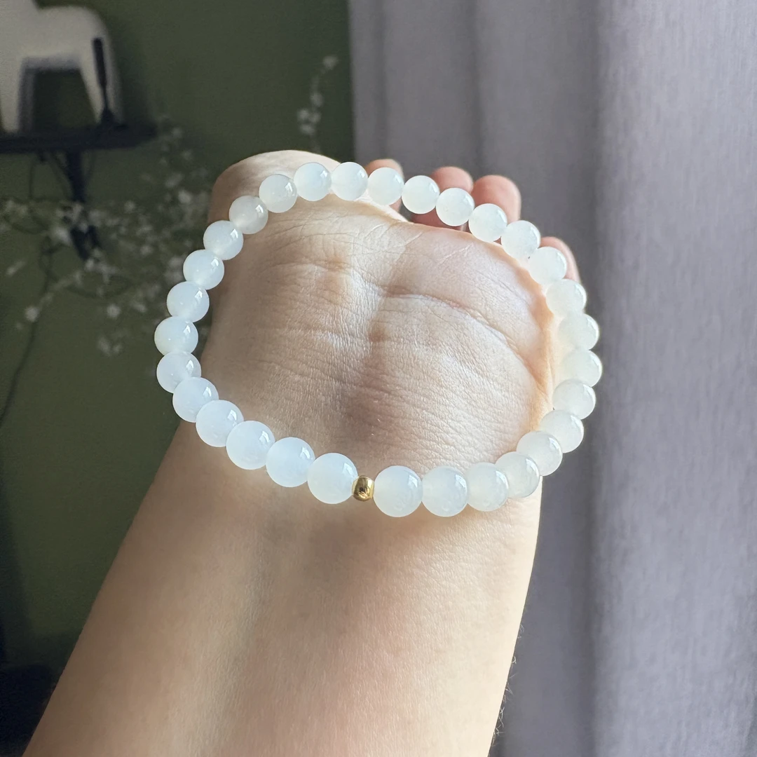 6mm和田玉青海料高冰底白玉925银手串精致时尚