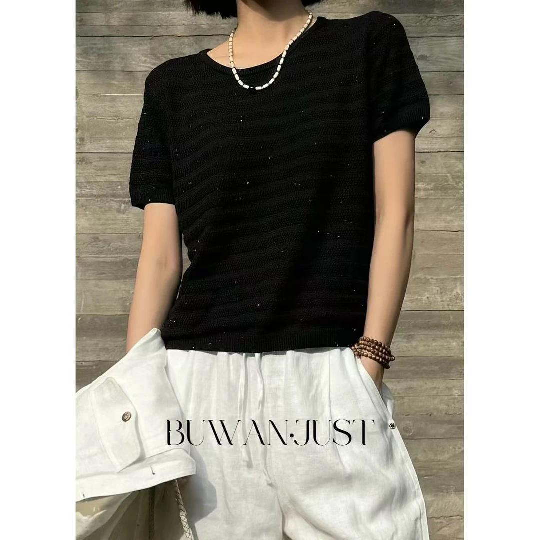 BUWANJUST【悦耳】不规则立体钩针亮闪珠片莱赛尔透气针织衫B1602