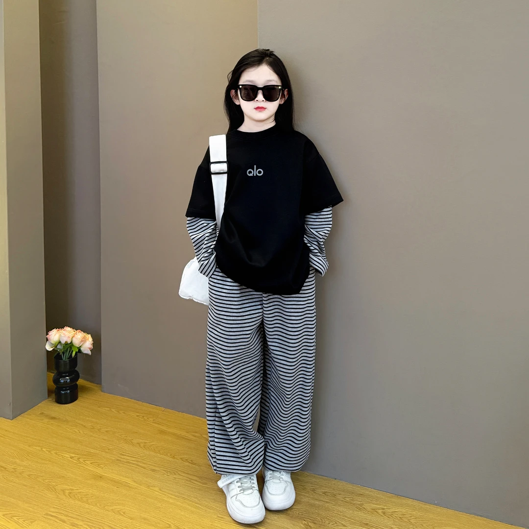 女童2025新款春秋季韩系穿搭时尚休闲假两件条纹上衣休闲裤套装潮
