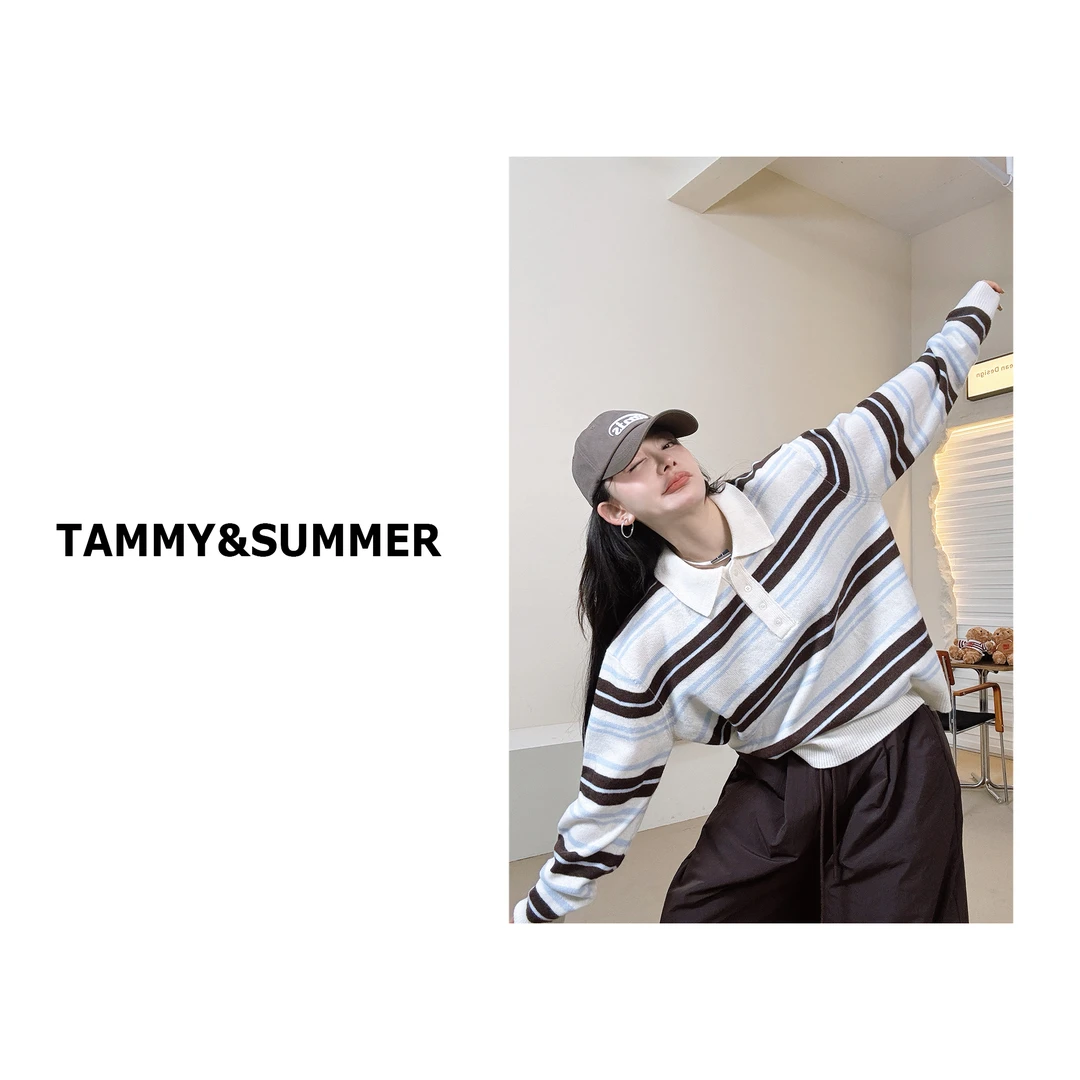 【Tammy&Summer】100%羊毛韩系撞色条纹POLO领排扣宽松毛衣715708